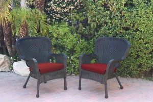 Set of 2 Windsor Black Resin Wicker Chair with Brick Red Cushions