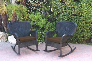 Set of 2 Windsor Black  Resin Wicker Rocker Chair with Brown Cushions