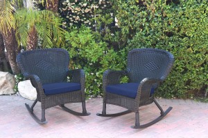Set of 2 Windsor Black  Resin Wicker Rocker Chair with Midnight Blue Cushions