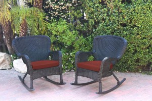 Set of 2 Windsor Black  Resin Wicker Rocker Chair with Brick Red Cushions