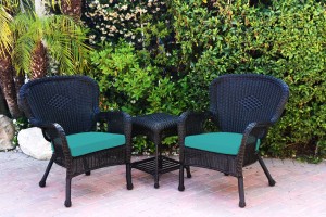Windsor Black Wicker Chair And End Table Set With Turquoise Chair Cushion