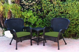 Windsor Black Wicker Chair And End Table Set With Hunter Green Chair Cushion