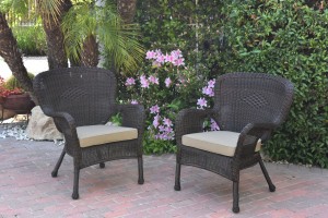Set of 2 Windsor Espresso Resin Wicker Chair with Tan Cushions