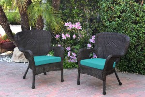Set of 2 Windsor Espresso Resin Wicker Chair with Turquoise Cushion