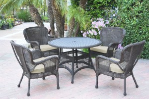 5pc Windsor Espresso Wicker Dining Set with Tan Cushions