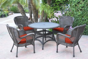 5pc Windsor Espresso Wicker Dining Set with Brick Red Cushions