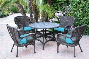5pc Windsor Espresso Wicker Dining Set with Sky Blue Cushions