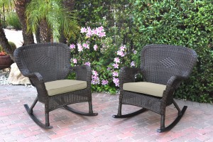 Set of 2 Windsor Espresso Resin Wicker Rocker Chair with Tan Cushions