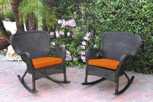 Set of 2 Windsor Espresso Resin Wicker Rocker Chair with Orange Cushions