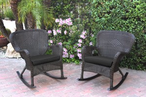 Set of 2 Windsor Espresso Resin Wicker Rocker Chair with Black Cushions