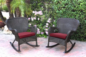 Set of 2 Windsor Espresso Resin Wicker Rocker Chair with Red Cushions