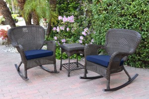 Windsor Espresso Wicker Rocker Chair And End Table Set With Midnight Blue Chair Cushion