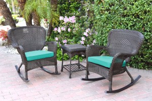 Windsor Espresso Wicker Rocker Chair And End Table Set With Turquoise Chair Cushion