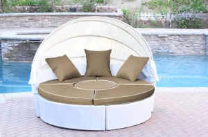 All-Weather White Wicker Sectional Daybed - Tan Cushions