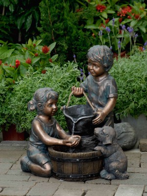 Two Kids And Dog Outdoor/Indoor Water Fountain