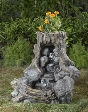 Wood and Rock Fountain with Flower Pot