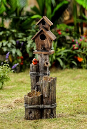 Tiered Wood Finish Water Fountain with Birdhouse