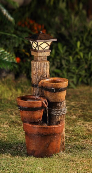Three Pots With Solar Pillar Lamp Water Fountain