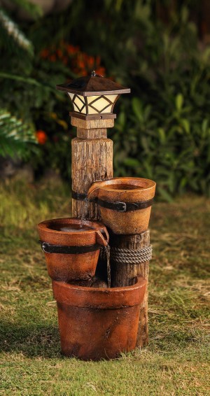 Three Pots With Solar Pillar Lamp Water Fountain