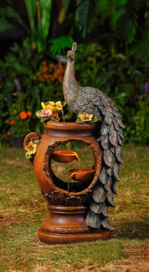 Peacock Water Fountain with LED Lighting