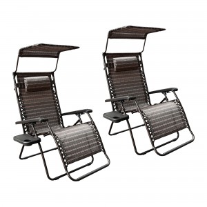 Set of 2 Oversized Zero Gravity Chair with Sunshade and Drink Tray - Black and Tan