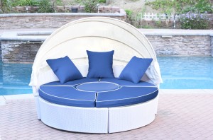 All-Weather White Wicker Sectional Daybed - Midnight Blue Cushions
