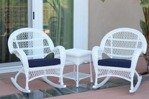 3pc Santa Maria White Rocker Wicker Chair Set - Midnight Blue Cushions
