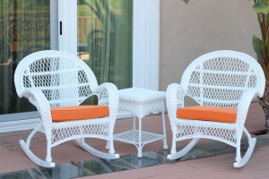 3pc Santa Maria White Rocker Wicker Chair Set - Orange Cushions