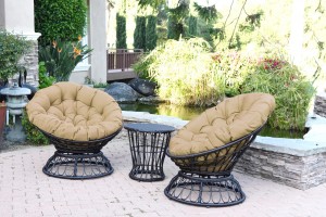 Papasan Espresso Wicker Swivel Chair and Table Set with Tan Cushion