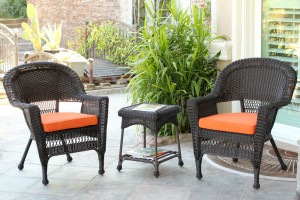 Espresso Wicker Chair And End Table Set With Orange Chair Cushion
