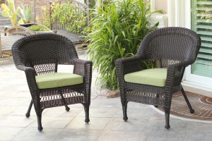 Espresso Wicker Chair With Sage Green Cushion - Set of 4