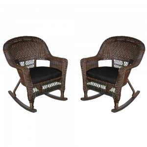 Espresso Rocker Wicker Chair with Black Cushion -  Set of 2