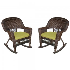 Espresso Rocker Wicker Chair with Sage Green Cushion -  Set of 2