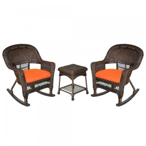 3pc Espresso Rocker Wicker Chair Set With Orange Cushion