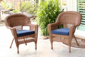 Honey Wicker Chair With Midnight Blue Cushion - Set of 2