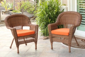 Honey Wicker Chair With Orange Cushion- Set of 4