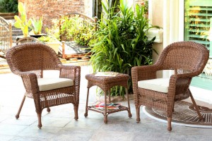 Honey Wicker Chair And End Table Set With Tan Chair Cushion