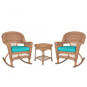 3pc Honey Rocker Wicker Chair Set With Cushion