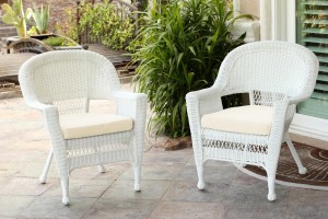 White Wicker Chair With Ivory Cushion - Set of 2