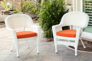 White Wicker Chair With Orange Cushion - Set of 2