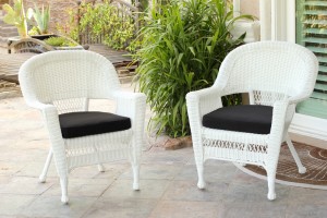 White Wicker Chair With Black Cushion - Set of 2