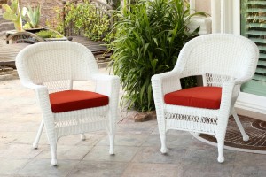 White Wicker Chair With Brick Red Cushion - Set of 2