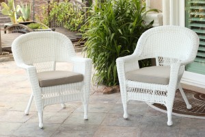 White Wicker Chair With Tan Cushion - Set of 4