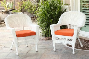White Wicker Chair With Orange Cushion - Set of 4