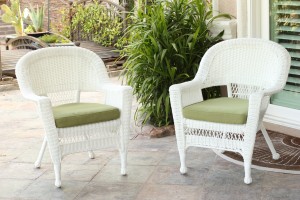 White Wicker Chair With Sage Green Cushion - Set of 4