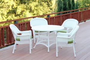 5pc White Wicker Dining Set - Sage Green Cushions