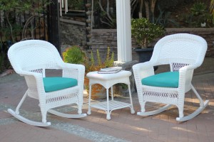 3pc White Rocker Wicker Chair Set With Turquoise Cushion