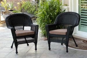 Black Wicker Chair With Brown Cushion - Set of 2