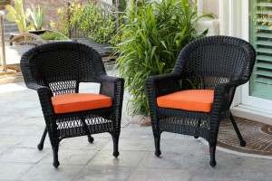 Black Wicker Chair With Orange Cushion - Set of 2