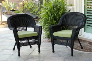 Black Wicker Chair With Sage Green Cushion - Set of 2